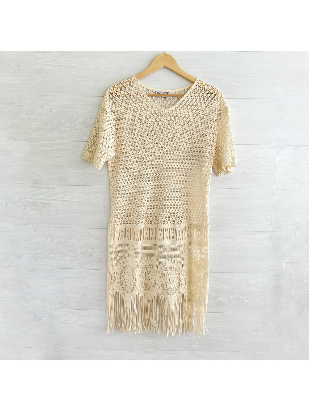 Vintage Sharon Anthony Ivory Crochet Fringe Dress 10 Cotton USA Boho 90s